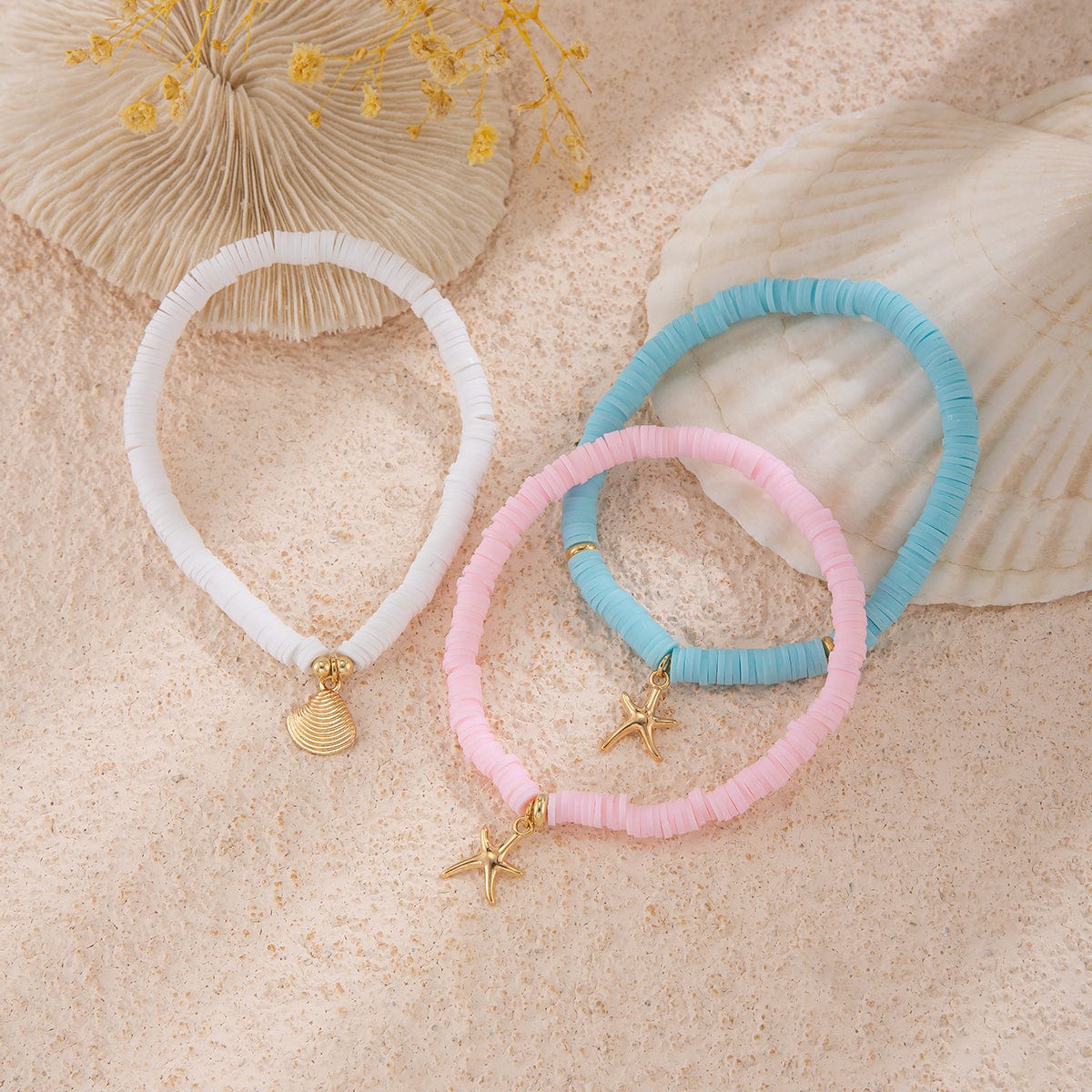 Colorful Layered Shell Starfish Charm Polymer Clay Anklet Set