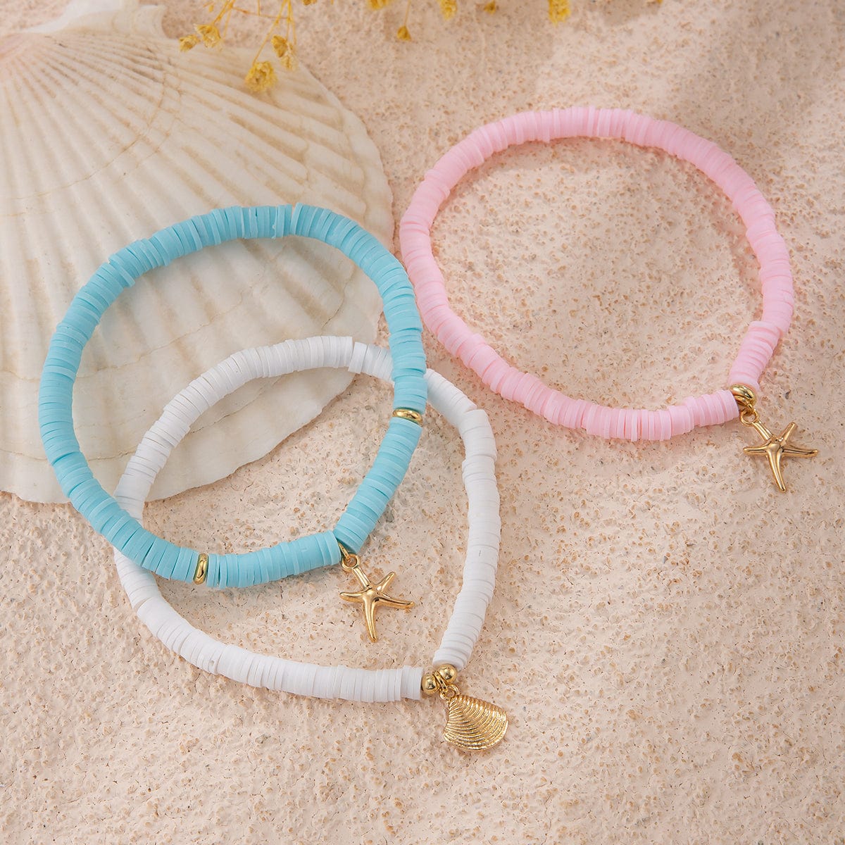 Colorful Layered Shell Starfish Charm Polymer Clay Anklet Set