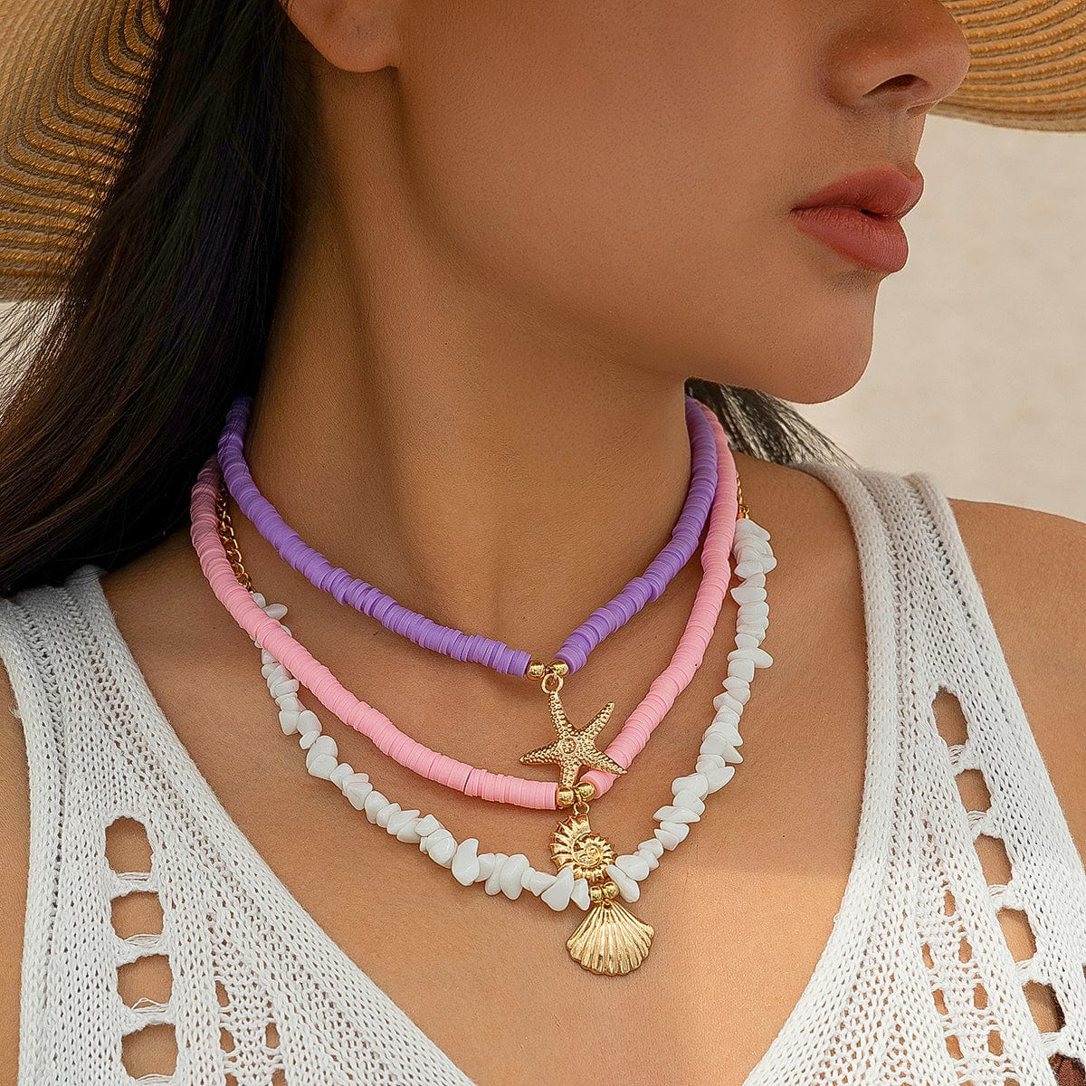 Colorful Layered Shell Starfish Pendant Turquoise Stone Polymer Clay Chain Necklace Set - ArtGalleryZen