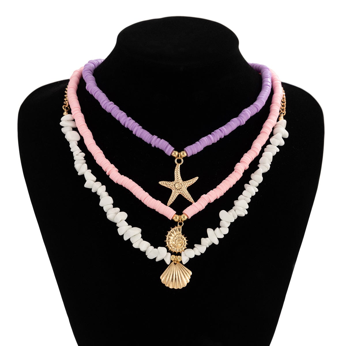 Colorful Layered Shell Starfish Pendant Turquoise Stone Polymer Clay Chain Necklace Set - ArtGalleryZen