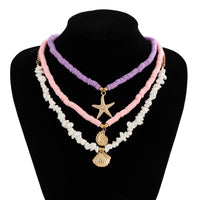 Thumbnail for Colorful Layered Shell Starfish Pendant Turquoise Stone Polymer Clay Chain Necklace Set - ArtGalleryZen