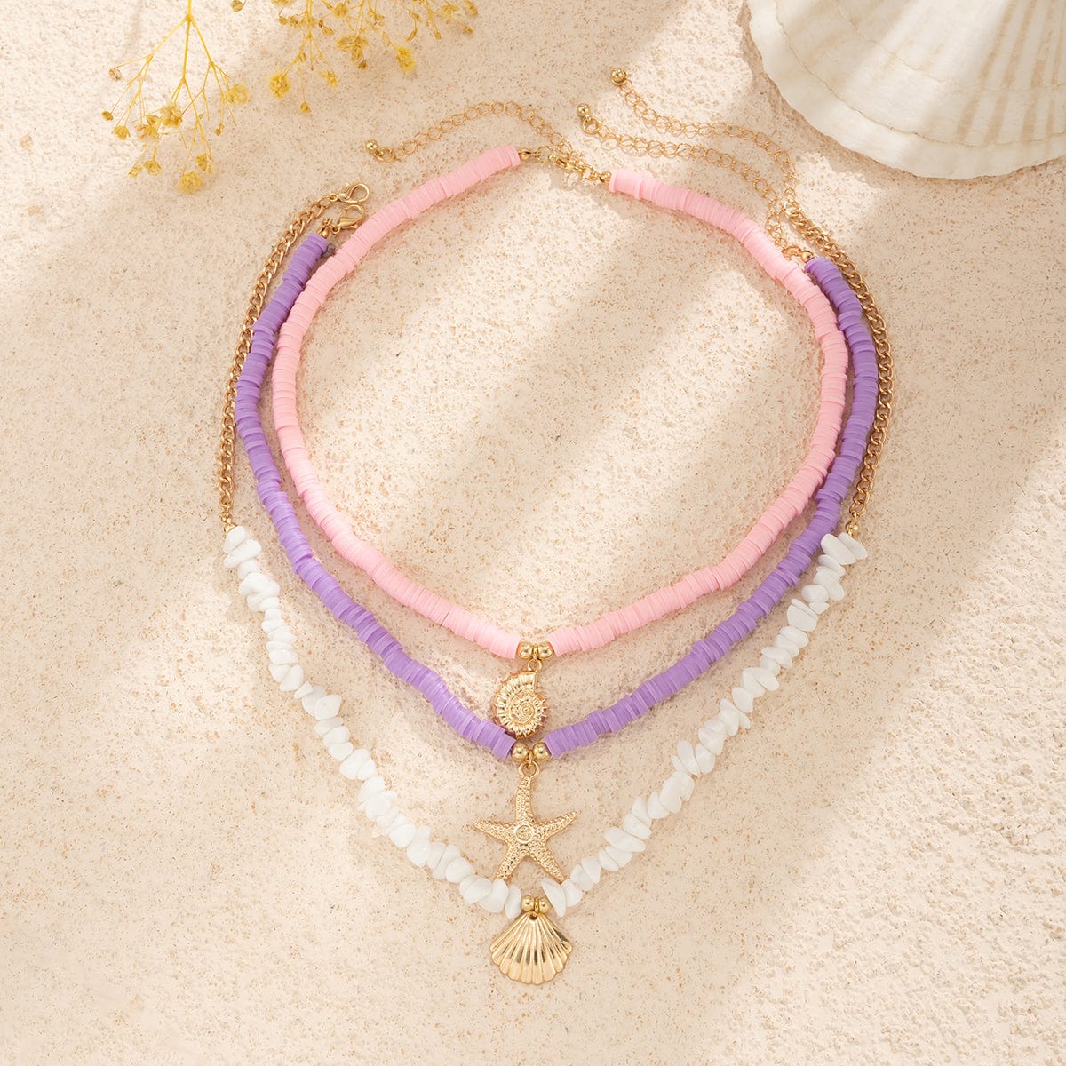Colorful Layered Shell Starfish Pendant Turquoise Stone Polymer Clay Chain Necklace Set - ArtGalleryZen