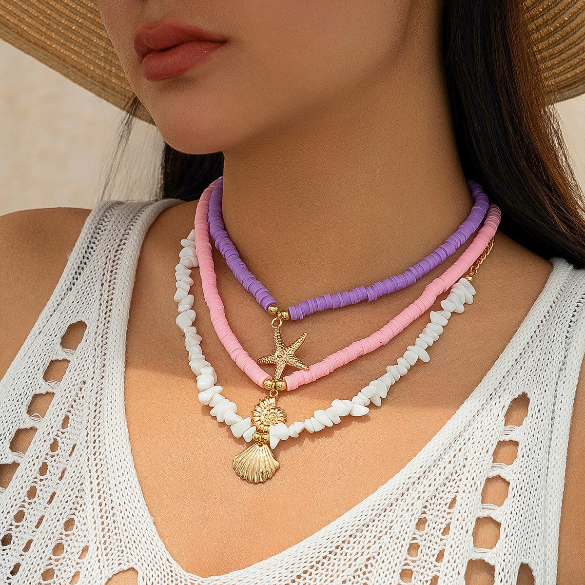 Colorful Layered Shell Starfish Pendant Turquoise Stone Polymer Clay Chain Necklace Set - ArtGalleryZen