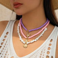 Thumbnail for Colorful Layered Shell Starfish Pendant Turquoise Stone Polymer Clay Chain Necklace Set - ArtGalleryZen