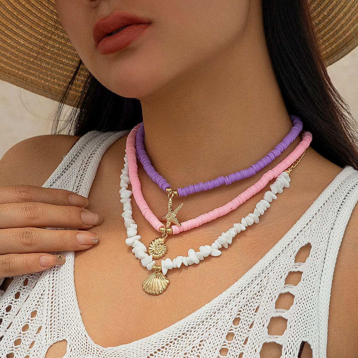 Colorful Layered Shell Starfish Pendant Turquoise Stone Polymer Clay Chain Necklace Set - ArtGalleryZen