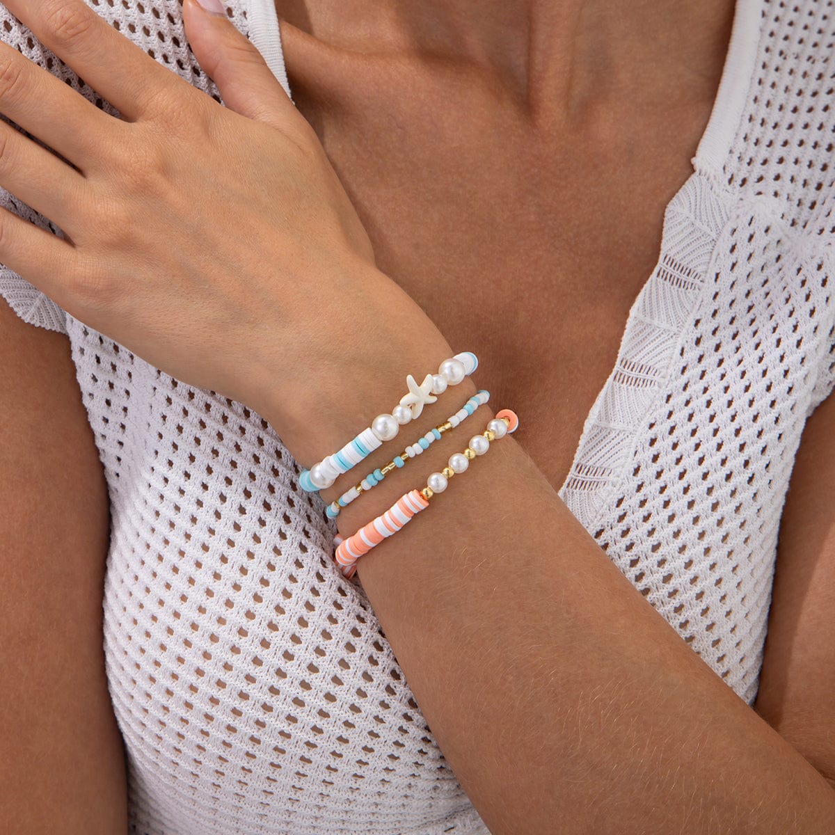 Colorful Layered Starfish Charm Polymer Clay Seed Beaded Bracelet Set - ArtGalleryZen