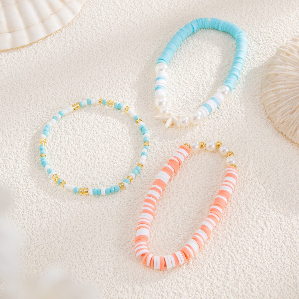 Colorful Layered Starfish Charm Polymer Clay Seed Beaded Bracelet Set - ArtGalleryZen