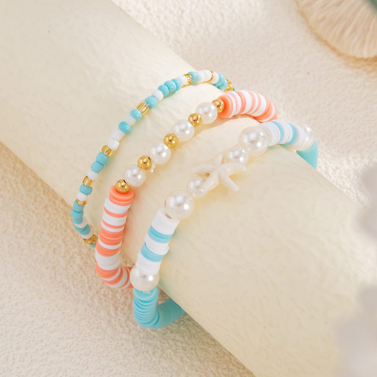 Colorful Layered Starfish Charm Polymer Clay Seed Beaded Bracelet Set - ArtGalleryZen