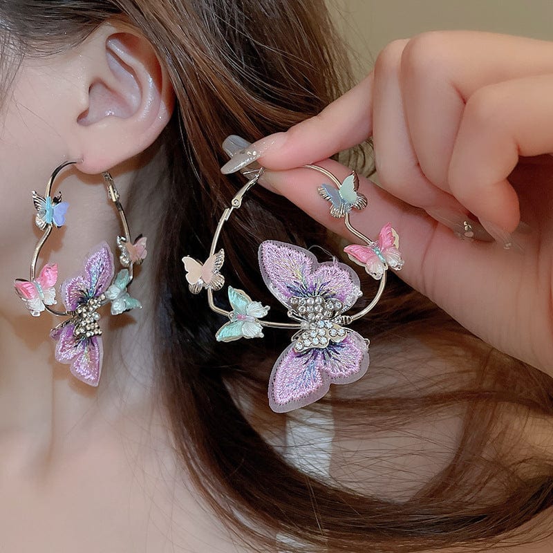 Colorful Rhinestone Inlaid Embroidery Butterfly Heart Hoop Earrings - ArtGalleryZen