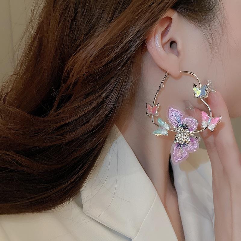 Colorful Rhinestone Inlaid Embroidery Butterfly Heart Hoop Earrings - ArtGalleryZen