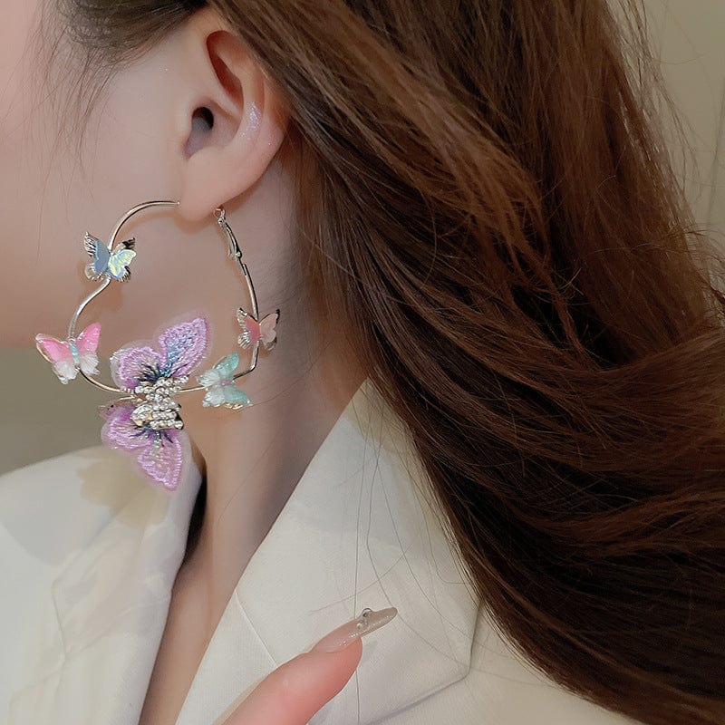 Colorful Rhinestone Inlaid Embroidery Butterfly Heart Hoop Earrings - ArtGalleryZen