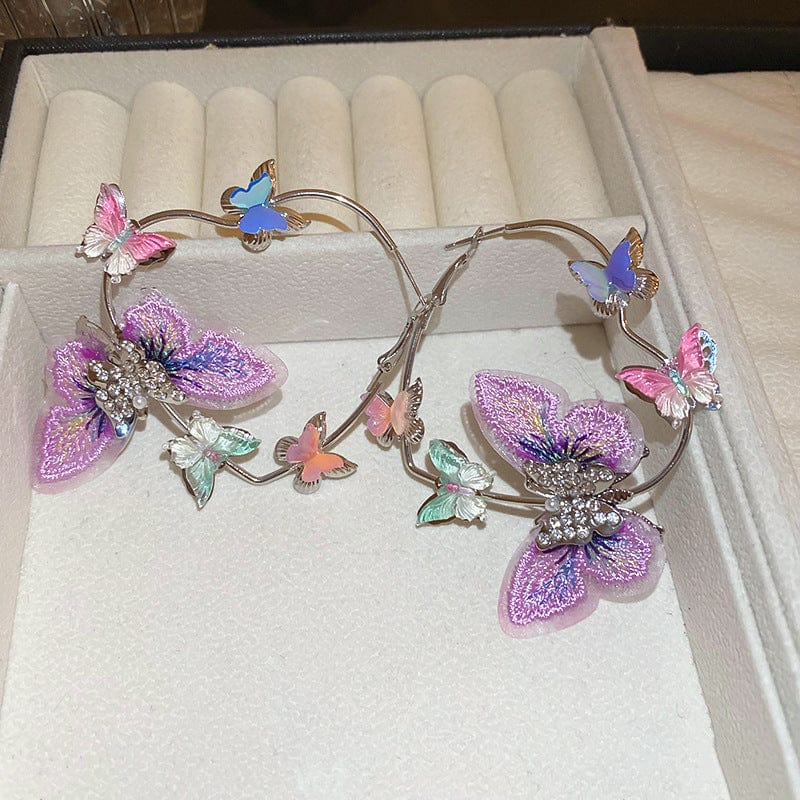 Colorful Rhinestone Inlaid Embroidery Butterfly Heart Hoop Earrings - ArtGalleryZen