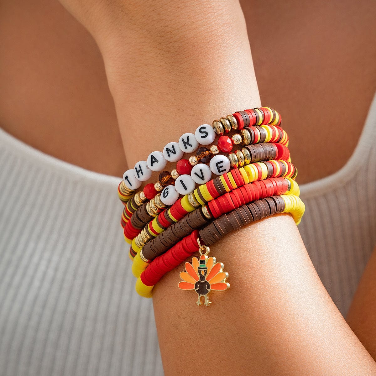 Colorful Thanksgiving Theme Turkey Charm Polymer Clay Letter Beaded Bracelet Set - ArtGalleryZen