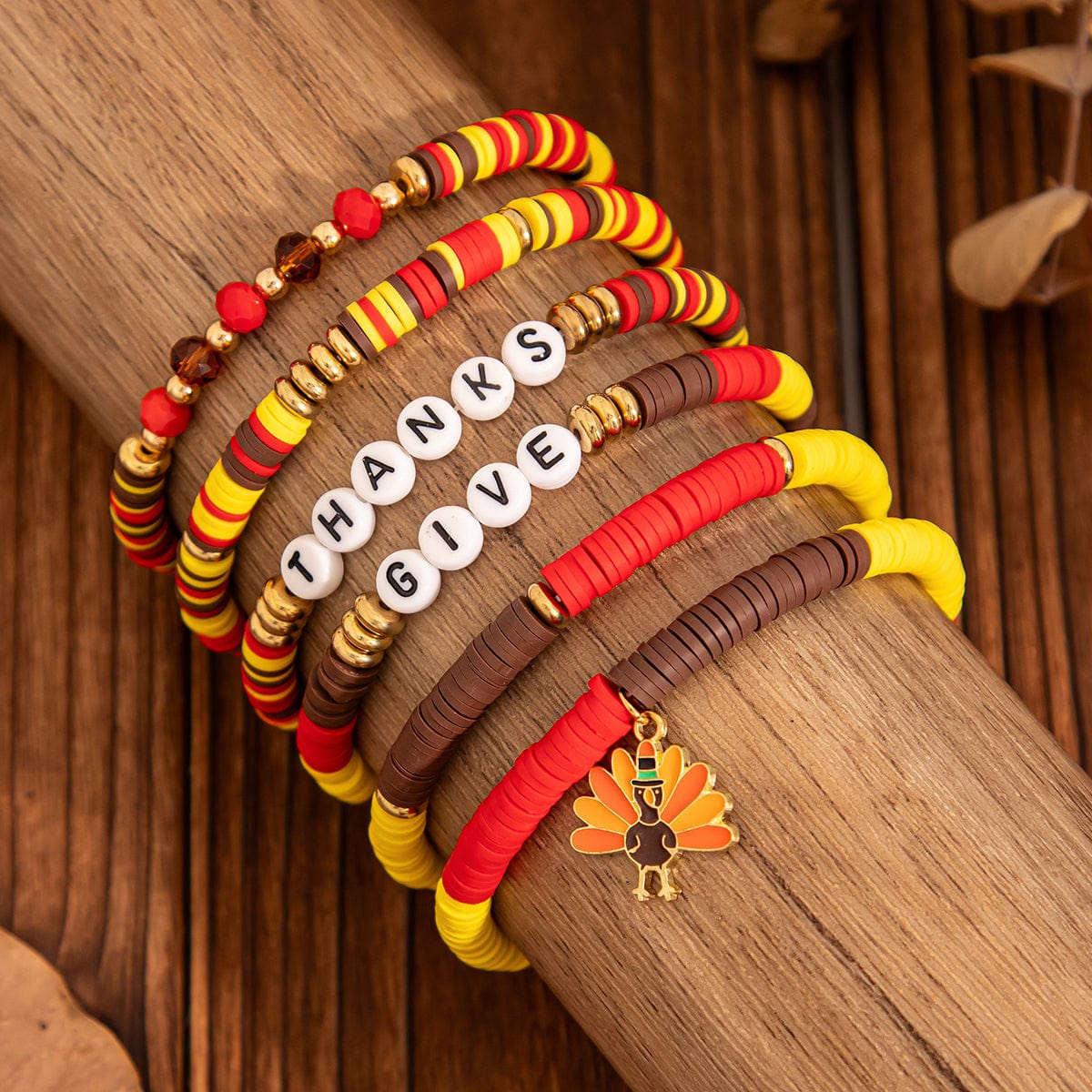 Colorful Thanksgiving Theme Turkey Charm Polymer Clay Letter Beaded Bracelet Set - ArtGalleryZen