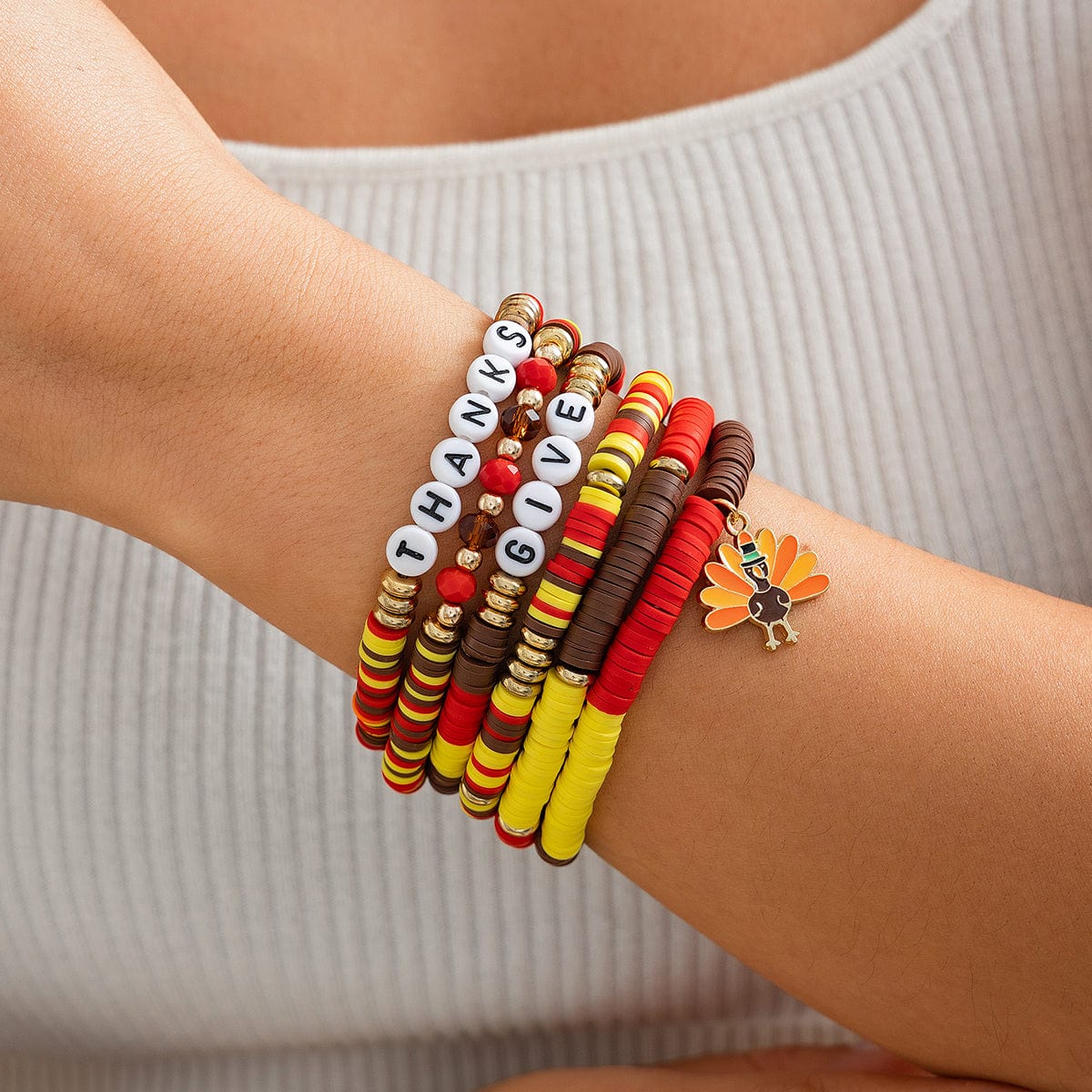 Colorful Thanksgiving Theme Turkey Charm Polymer Clay Letter Beaded Bracelet Set - ArtGalleryZen