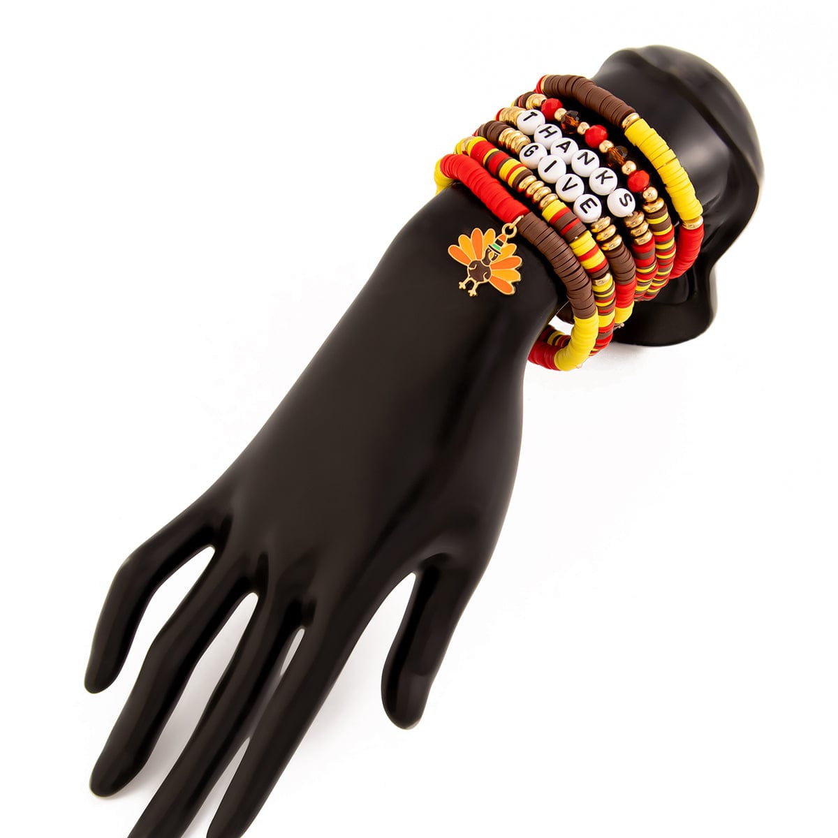Colorful Thanksgiving Theme Turkey Charm Polymer Clay Letter Beaded Bracelet Set - ArtGalleryZen