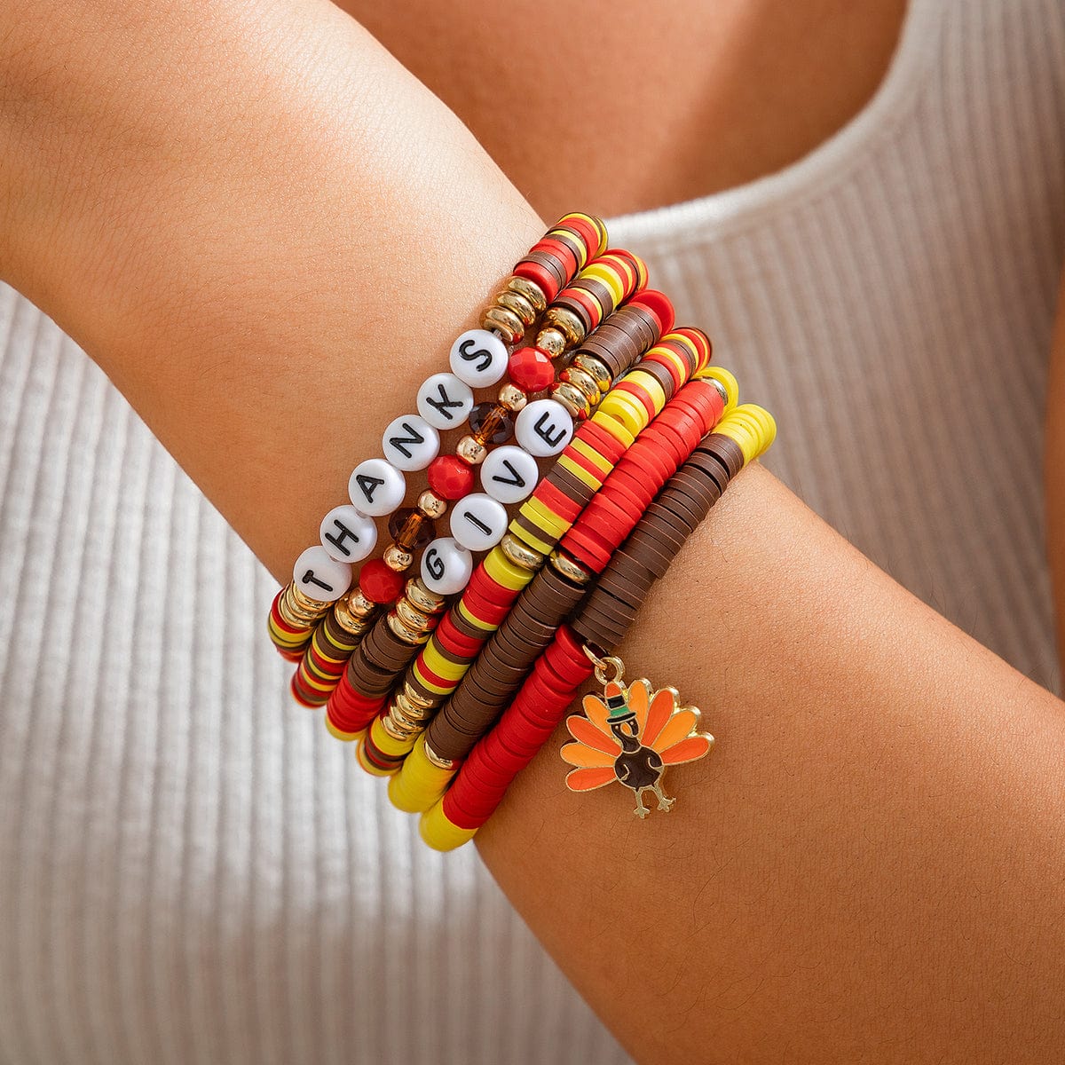 Colorful Thanksgiving Theme Turkey Charm Polymer Clay Letter Beaded Bracelet Set - ArtGalleryZen