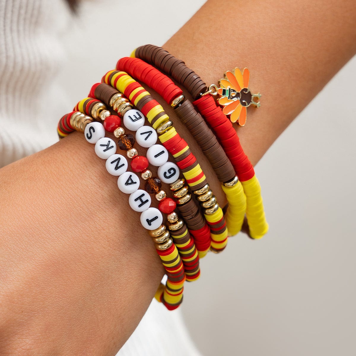Colorful Thanksgiving Theme Turkey Charm Polymer Clay Letter Beaded Bracelet Set - ArtGalleryZen