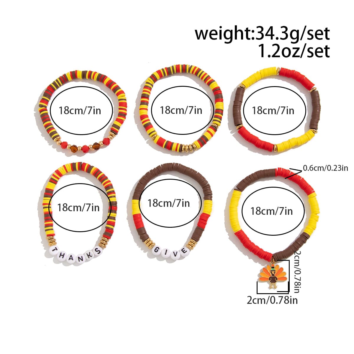 Colorful Thanksgiving Theme Turkey Charm Polymer Clay Letter Beaded Bracelet Set - ArtGalleryZen