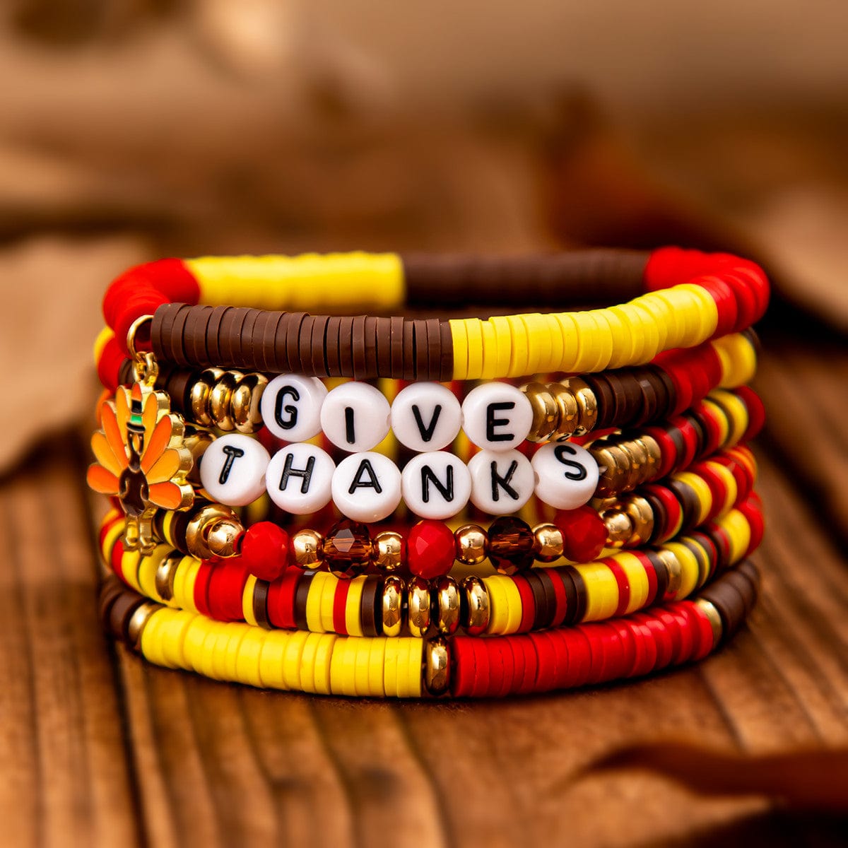 Colorful Thanksgiving Theme Turkey Charm Polymer Clay Letter Beaded Bracelet Set - ArtGalleryZen