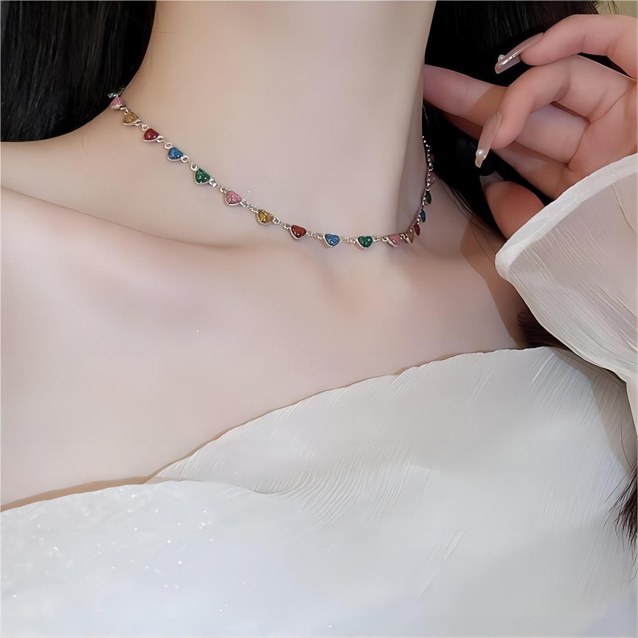 Colorful Zirconia Heart Chain Necklace - ArtGalleryZen