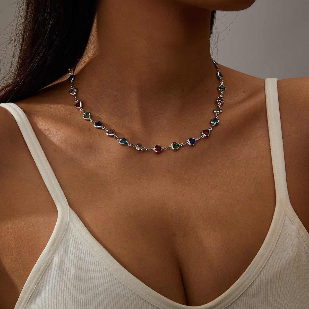 Colorful Zirconia Heart Chain Necklace - ArtGalleryZen