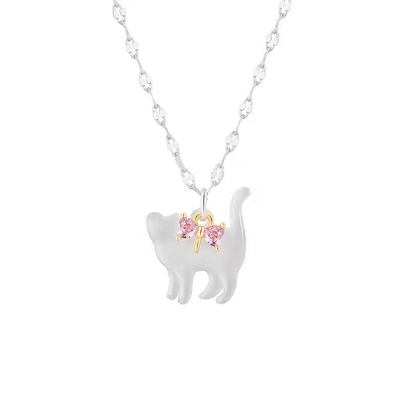 Crystal Bowknot Cat Pendant Necklace - ArtGalleryZen