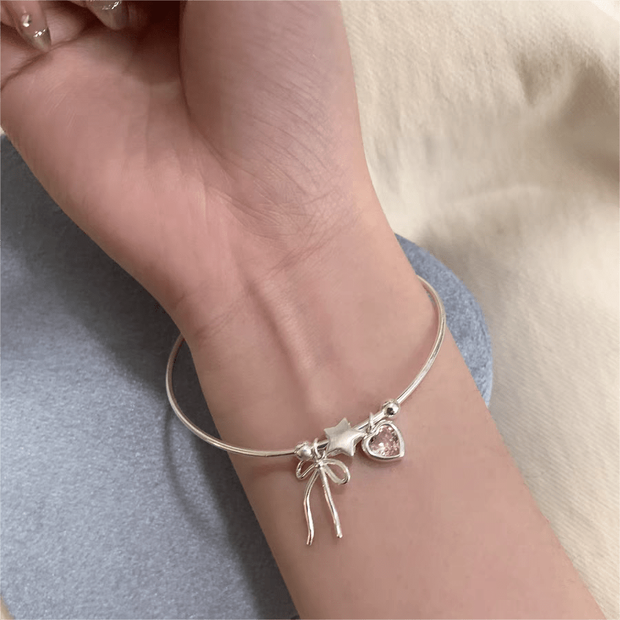 Crystal Heart Star Ribbon Bangle Bracelet - ArtGalleryZen