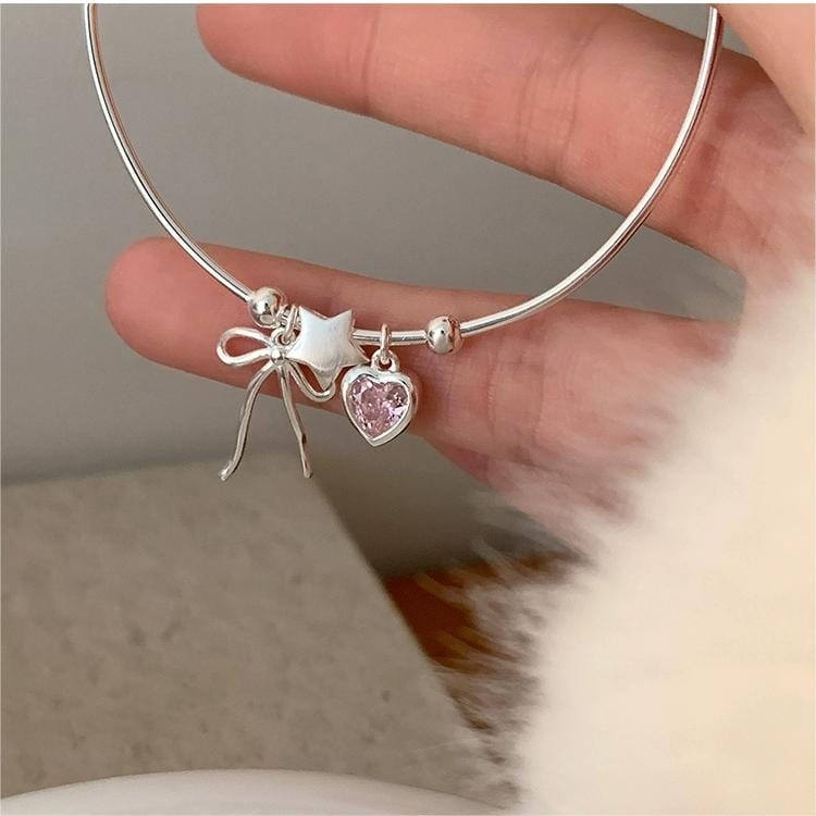 Crystal Heart Star Ribbon Bangle Bracelet - ArtGalleryZen