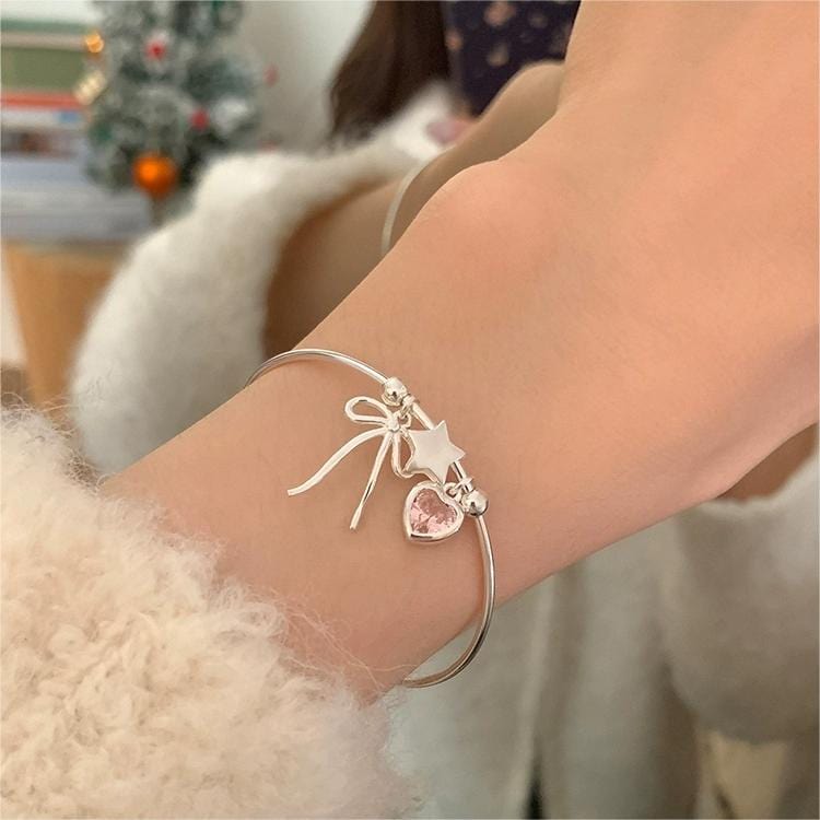 Crystal Heart Star Ribbon Bangle Bracelet - ArtGalleryZen