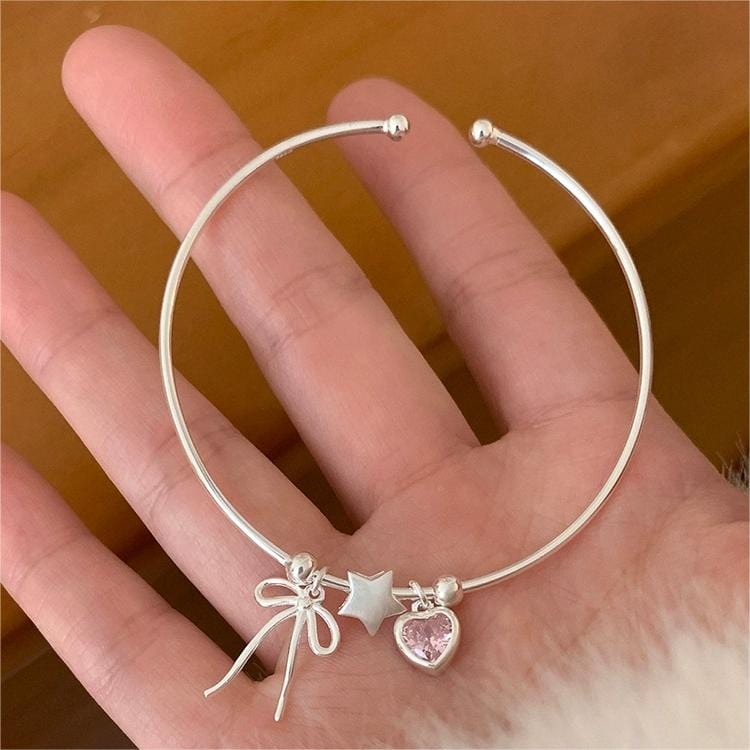 Crystal Heart Star Ribbon Bangle Bracelet - ArtGalleryZen