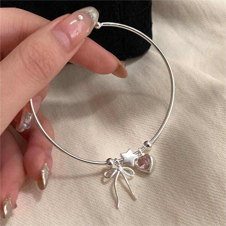 Crystal Heart Star Ribbon Bangle Bracelet - ArtGalleryZen