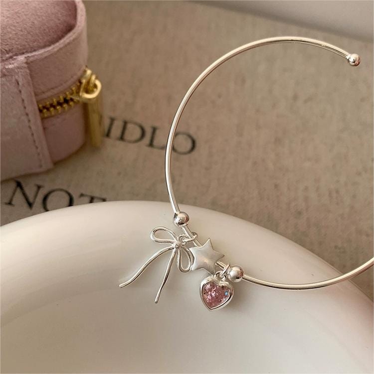 Bracciale Aperto A Cuore Intarsia Shell In Acciaio Inossidabile - Gioiello Boho Con Cristalli Per Donna - Diametro 59 Mm