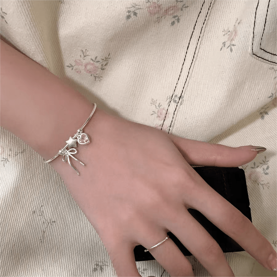 Crystal Heart Star Ribbon Bangle Bracelet - ArtGalleryZen