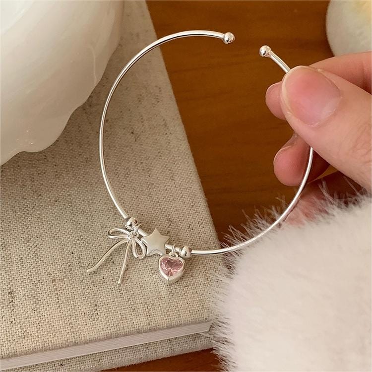 Crystal Heart Star Ribbon Bangle Bracelet - ArtGalleryZen