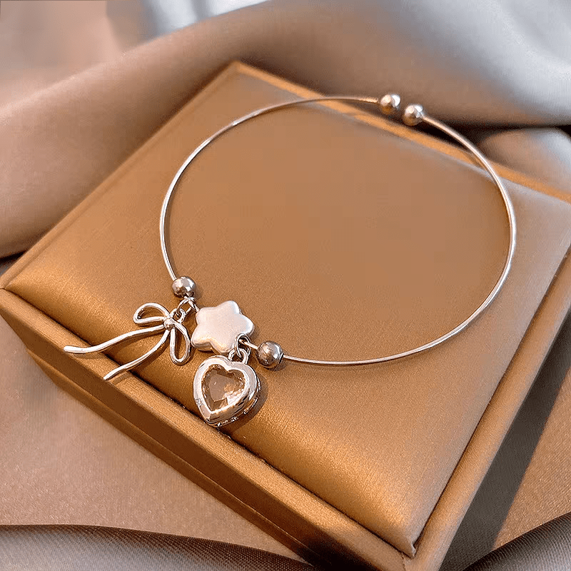 Crystal Heart Star Ribbon Bangle Bracelet - ArtGalleryZen