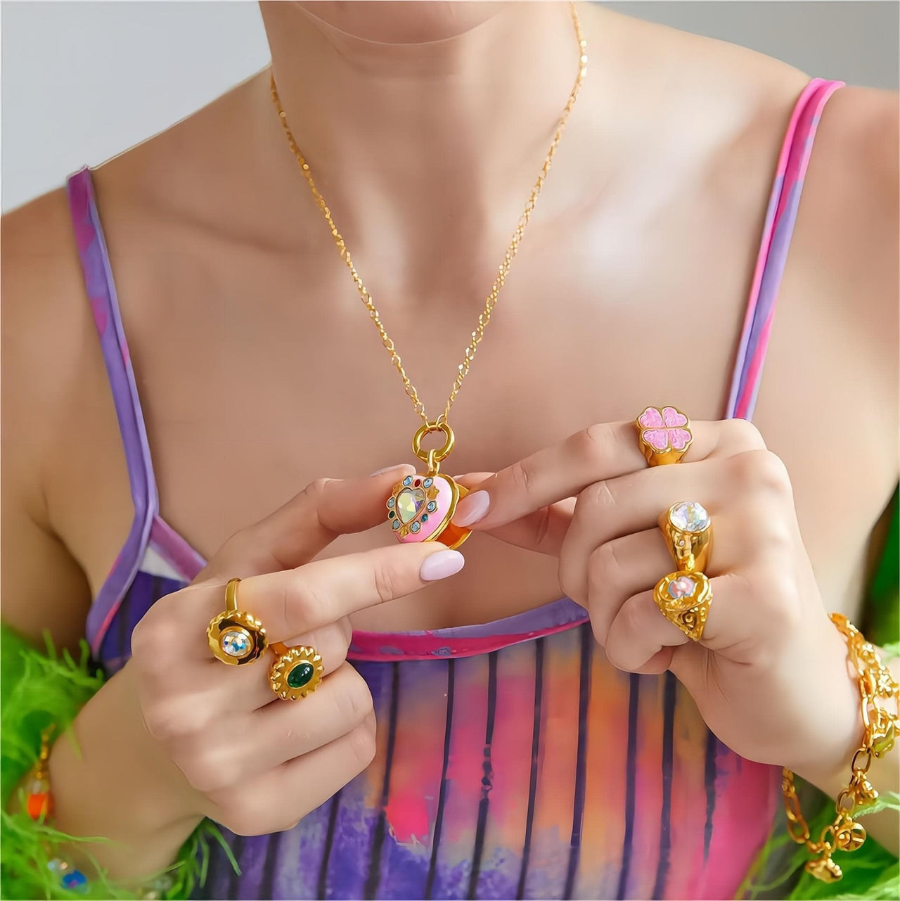 Crystal Inlaid 18K Gold Filled Enamel Heart Locket Necklace - ArtGalleryZen