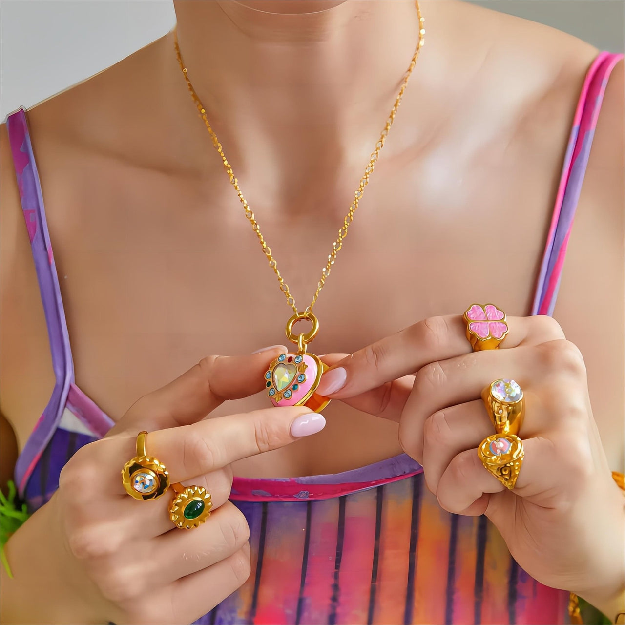 Crystal Inlaid 18K Gold Filled Enamel Heart Locket Necklace - ArtGalleryZen