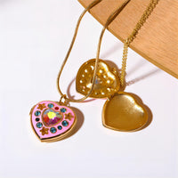 Thumbnail for Crystal Inlaid 18K Gold Filled Enamel Heart Locket Necklace - ArtGalleryZen