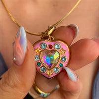 Thumbnail for Crystal Inlaid 18K Gold Filled Enamel Heart Locket Necklace - ArtGalleryZen