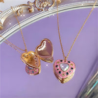 Thumbnail for Crystal Inlaid 18K Gold Filled Enamel Heart Locket Necklace - ArtGalleryZen