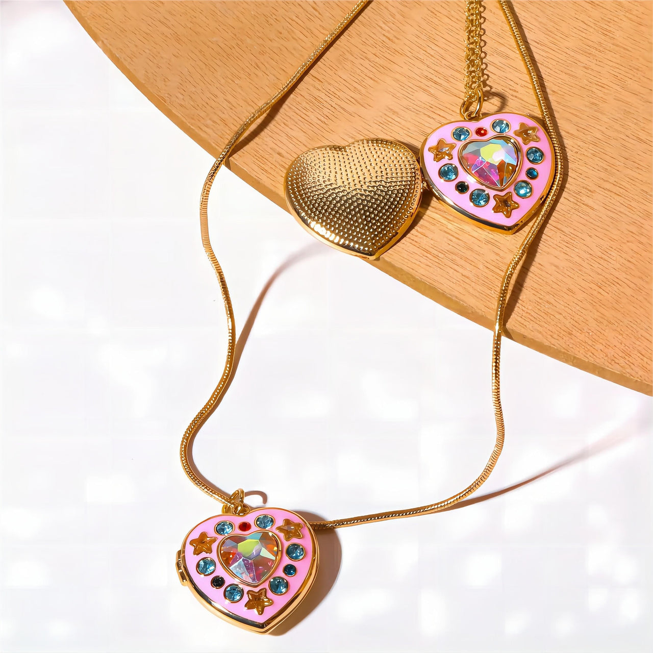 Crystal Inlaid 18K Gold Filled Enamel Heart Locket Necklace - ArtGalleryZen