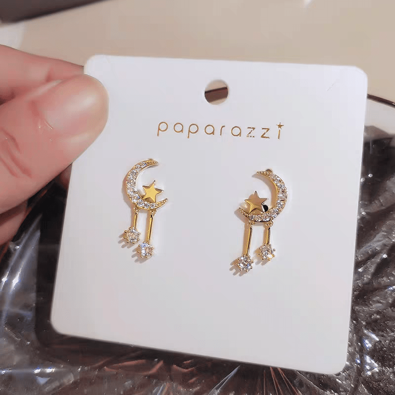 Crystal Inlaid Moon Star Dangle Earrings - ArtGalleryZen