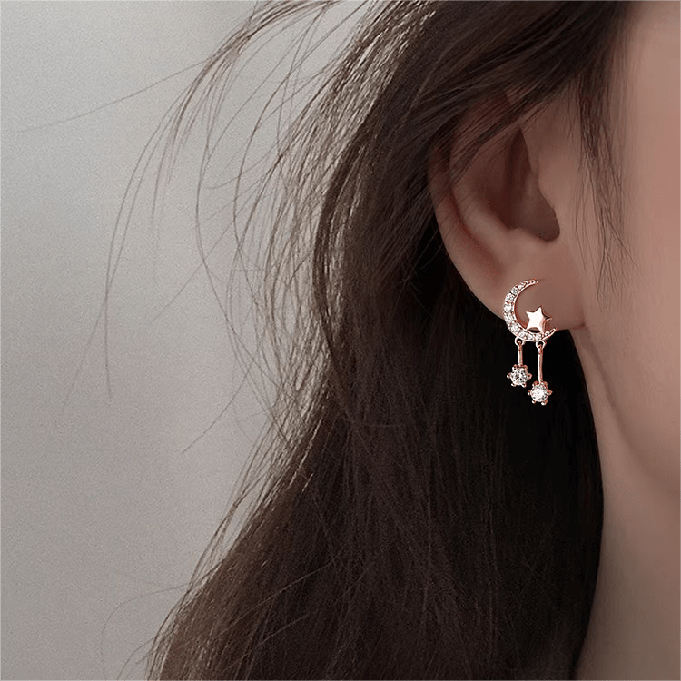Crystal Inlaid Moon Star Dangle Earrings - ArtGalleryZen