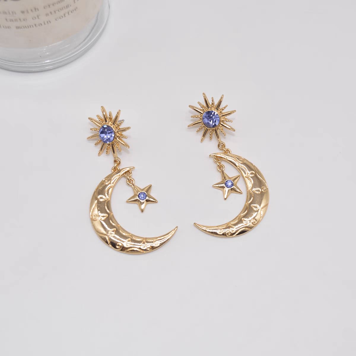 Crystal Inlaid Sun Star Moon Phase Dangle Earrings - ArtGalleryZen