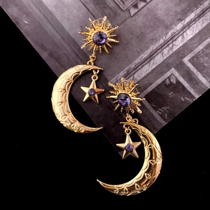 Crystal Inlaid Sun Star Moon Phase Dangle Earrings - ArtGalleryZen