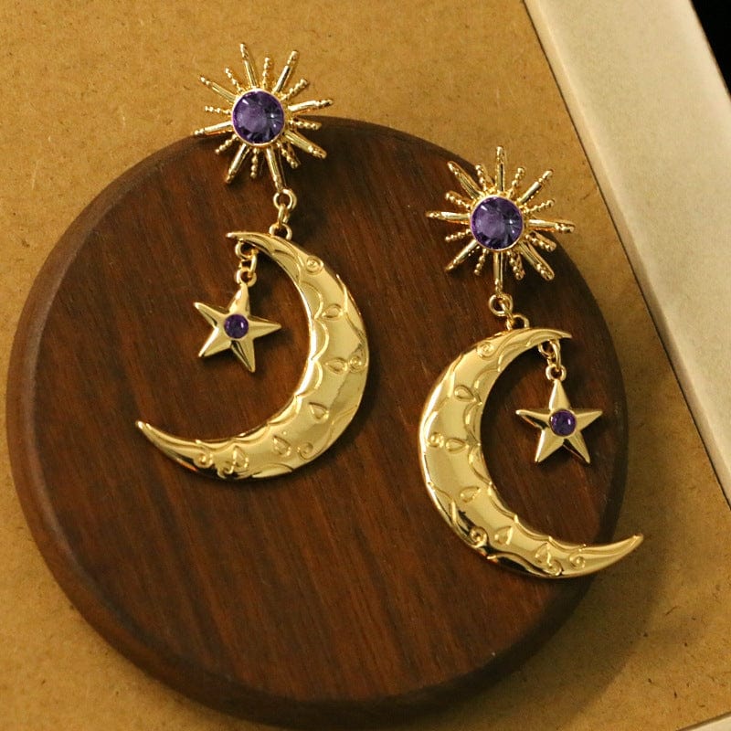 Crystal Inlaid Sun Star Moon Phase Dangle Earrings - ArtGalleryZen