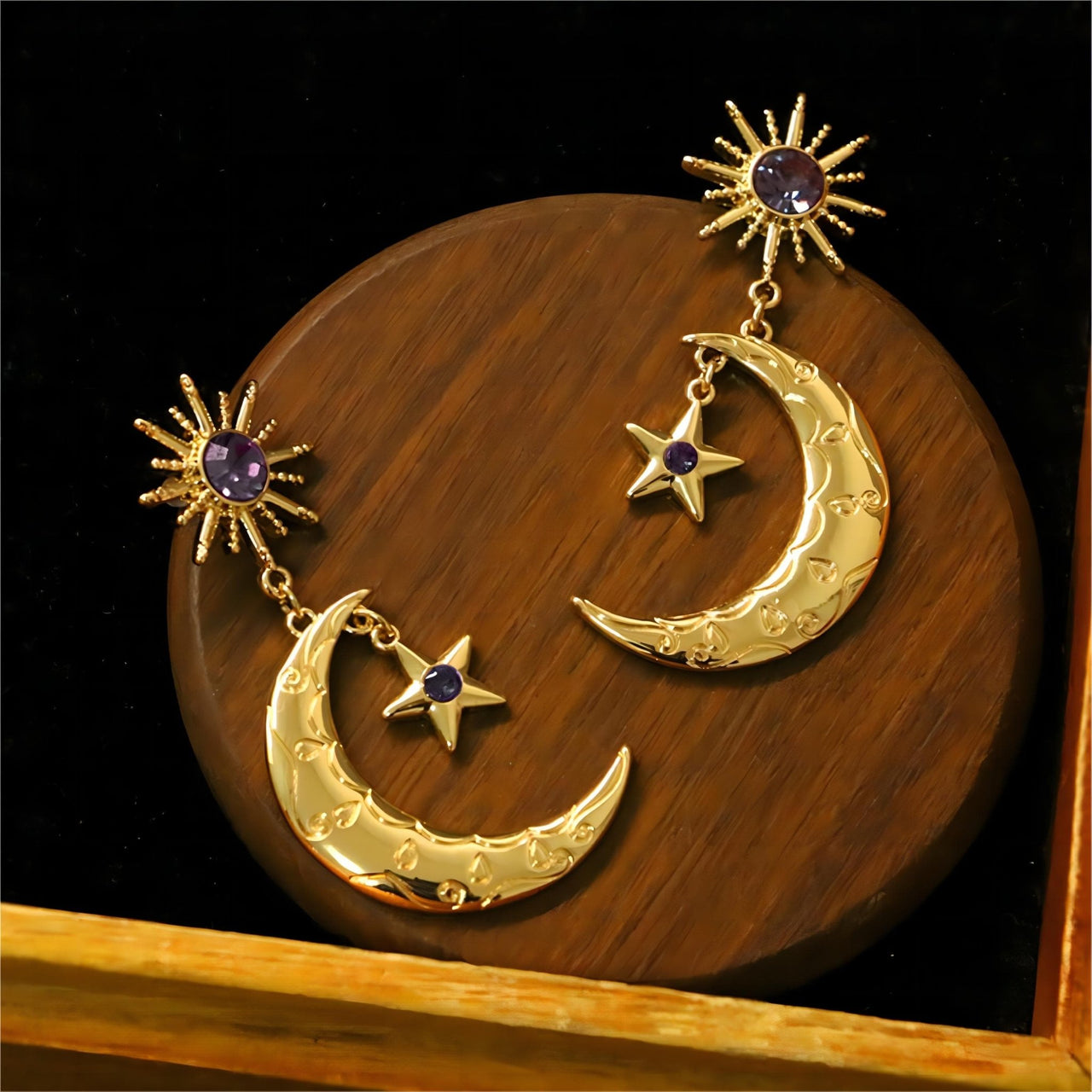 Crystal Inlaid Sun Star Moon Phase Dangle Earrings - ArtGalleryZen