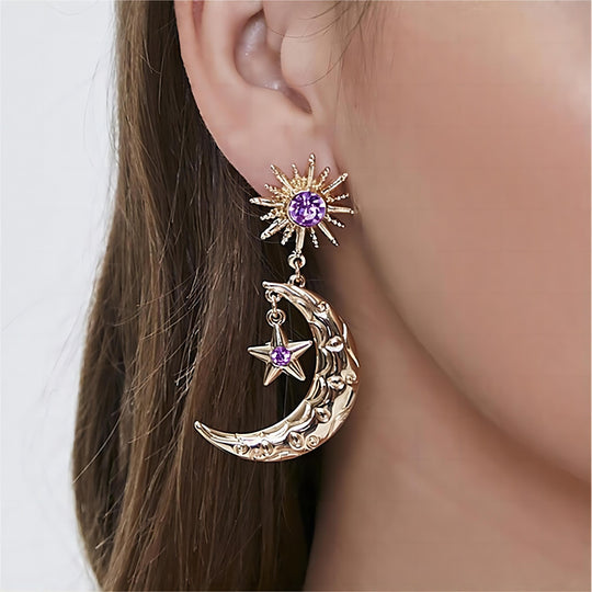 Crystal Inlaid Sun Star Moon Phase Dangle Earrings ArtGalleryZen