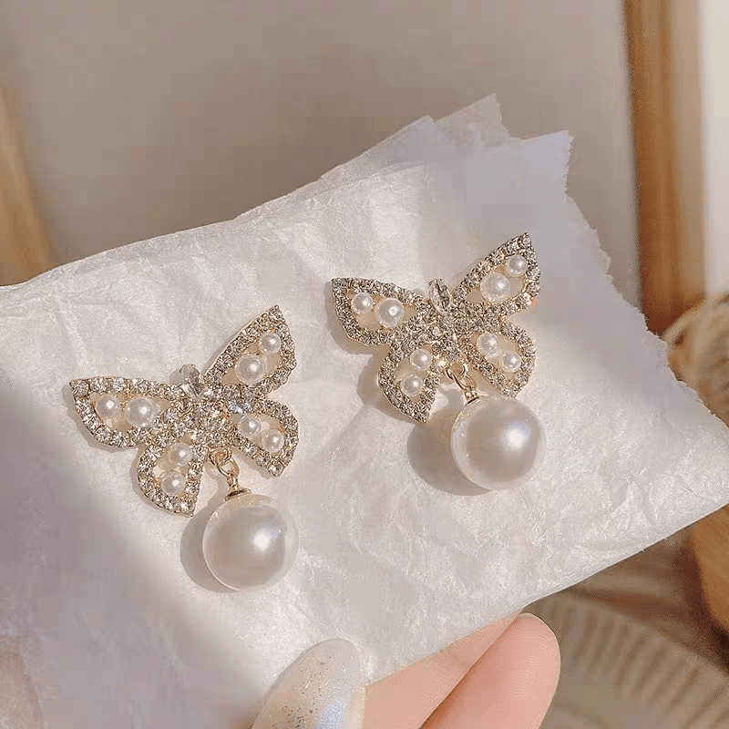 Crystal Pearl Inlaid Butterfly Earrings - ArtGalleryZen